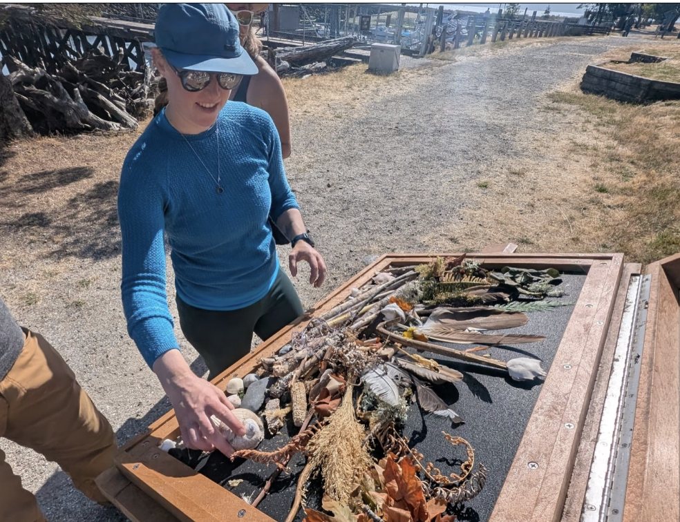 Arranging feathers, shells, bones and fern in the island's display case of found treasures