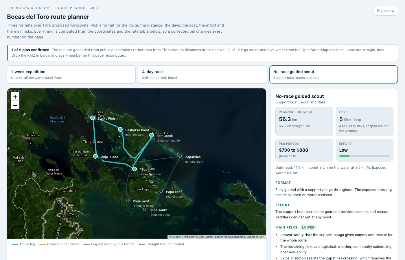 The Bocas del Toro route planner: a crossing drawn over satellite imagery with distance, days, cost and risk computed