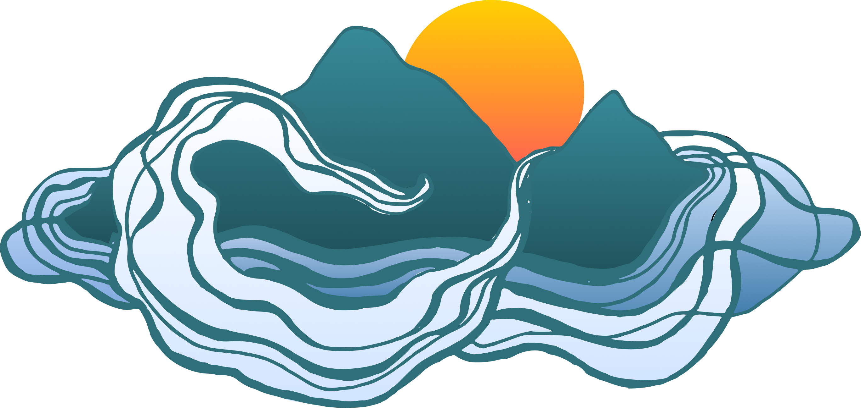 An island and a rising sun cradled in stylized waves