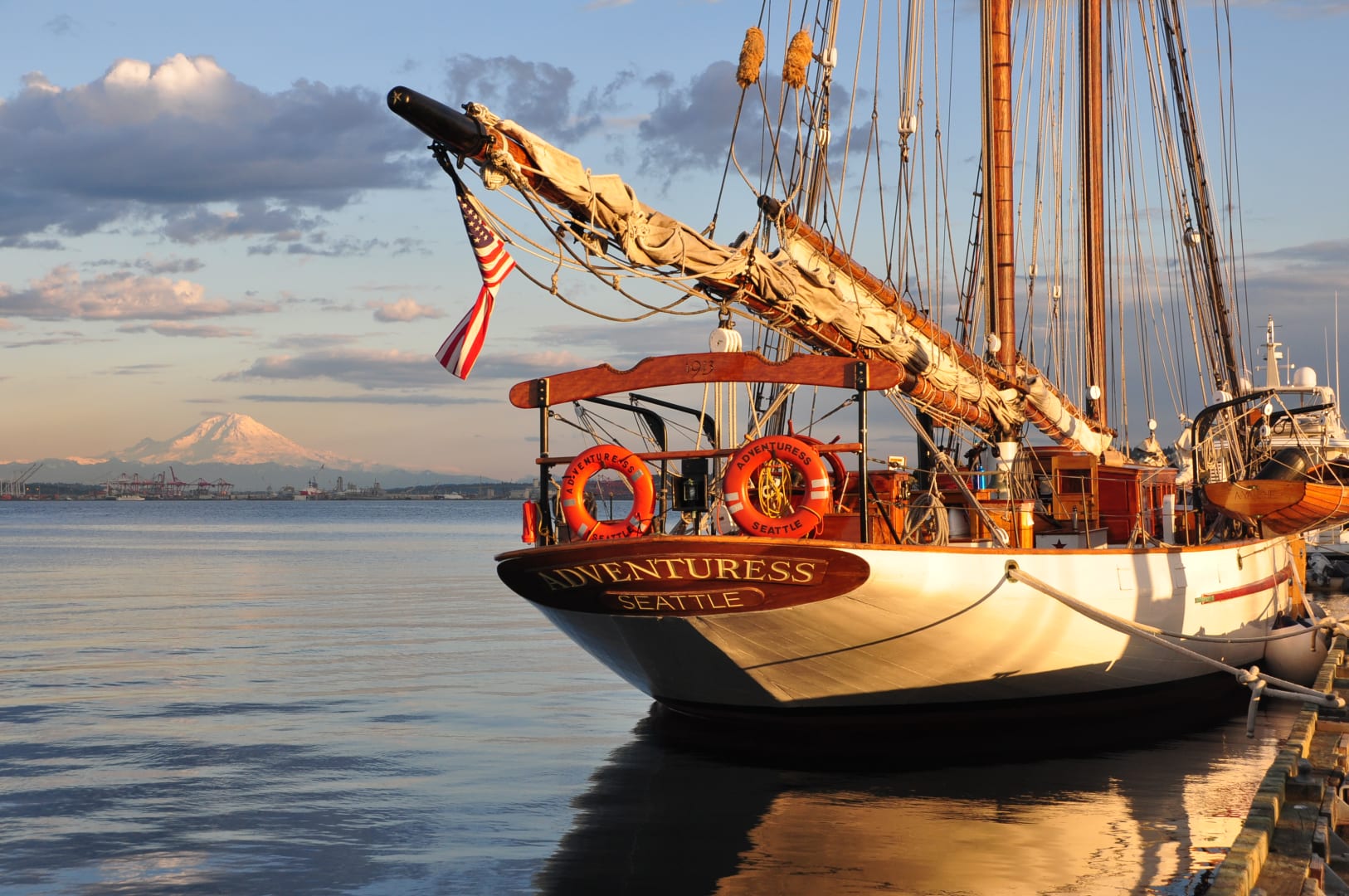 The schooner Adventuress at her berth, Mt. Rainier in the distance